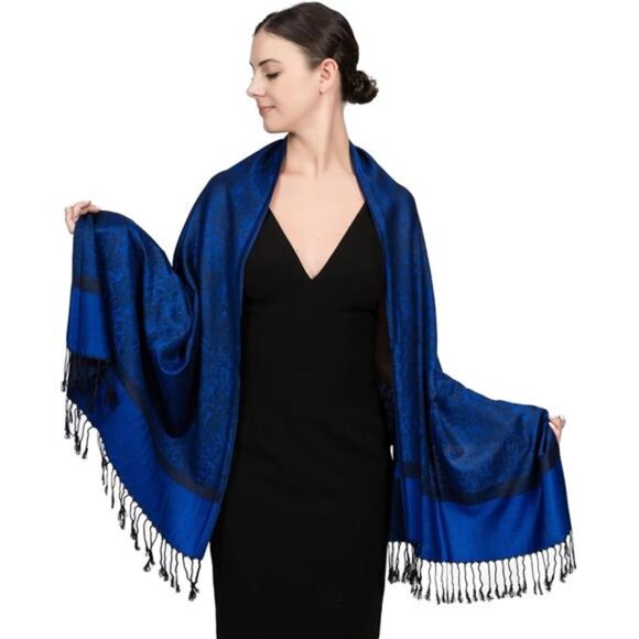 Two Tone Paisley Pashmina Scarf, Dark Blue - Picture 1 of 6